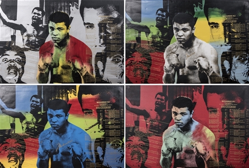 Muhammad Ali Matching Numbered Set of 4 Signed "The Greatest" Series of Canvas Artwork Pieces By Artist Steve Kaufman LE 32/99 